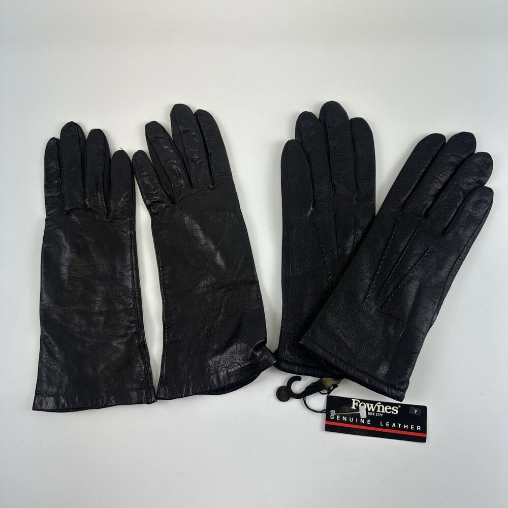 Fownes Leather Gloves Lot 2 Vintage Black Real Kid Leather Silk Lining Women 7